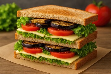 Vegetarian Club Sandwich Featuring Eggplant and Cheese