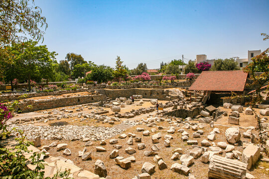 View of the ancient ruins of the Mausoleum at Halicarnassus, once one of the Seven Wonders of the Ancient World, located in Bodrum, Turkey