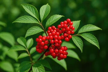Fototapeta premium Bright crimson berries clustered on a stem amidst lush green foliage.