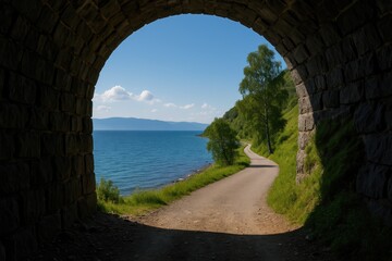 Obraz premium Scenic perspective from a rocky passage overlooking a freshwater lake
