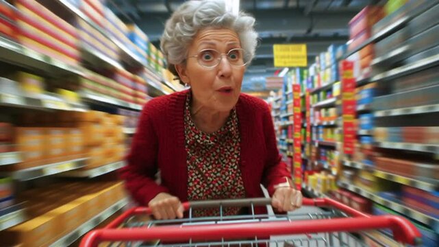 Dynamische alte Frau beim Einkaufen im Supermarkt, Generative AI