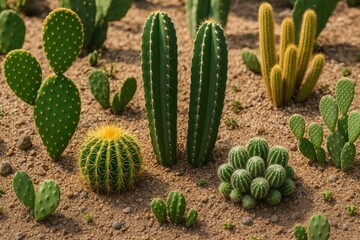 Different types of cacti growing in the soil