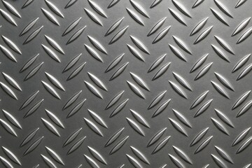 Detailed view of a metallic surface featuring a reflective diamond-patterned texture with raised lines, showcasing an industrial design.