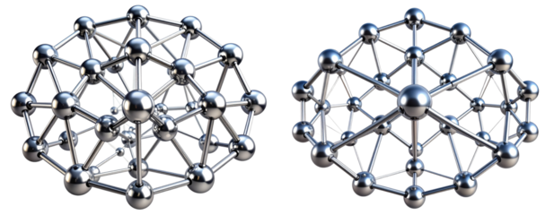 Metallic Molecule Model with Interconnected Spheres on Light Blue Background, isolated on transparent background