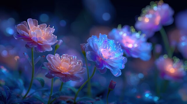 Glowing flowers bloom when touched, each petal displaying live social media metrics