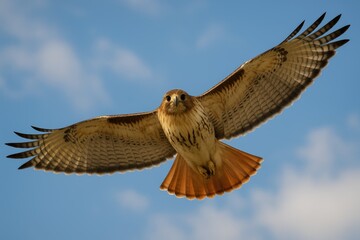 Fototapeta premium Red-tailed hawk soaring with wings spread wide, captured from beneath