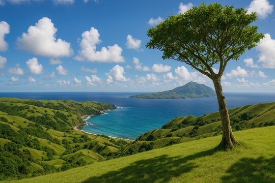 Scenic overlook from a hilltop in a remote island region