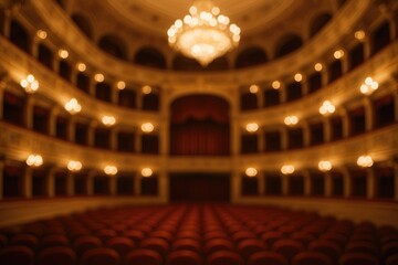 Obraz premium Stylized Theater Setting with Decorative Architecture, Hanging Lights, Draped Curtains, and Audience Seating, Out-of-Focus Background Image