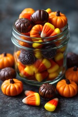 Colorful Halloween-themed candies with pumpkin shapes and candy corn in a glass jar, displayed on a dark background.