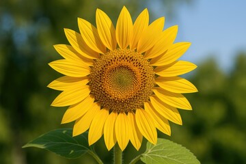 Fototapeta premium Vivid yellow sunflower with a pollen-filled center, showcasing lush fertility and vibrant beauty against a gentle green bokeh backdrop