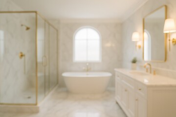 A tranquil and upscale bathroom showcasing sleek fixtures, expansive space, and refined marble details, exuding elegance and comfort.