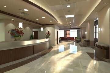 Bright, spacious hotel lobby featuring a reception desk, waiting area, and large windows allowing natural sunlight to illuminate the space
