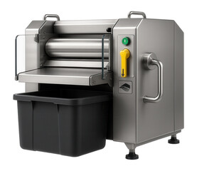 Industrial skinning machine with an integrated waste collection system and safety guards for a large-scale meat plant