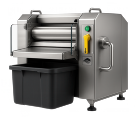 Industrial skinning machine with an integrated waste collection system and safety guards for a large-scale meat plant