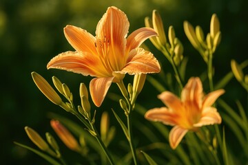 Obraz premium Vivid vertical shot of a lively Daylily plant showcasing blooming flowers and budding buds under a bright summer sun.