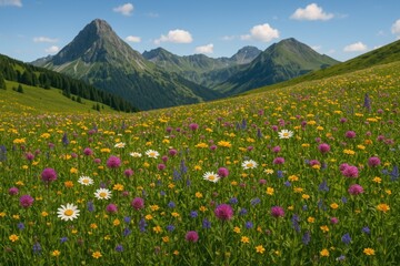 Fototapeta premium Summer scene of mountain meadows full of colorful flowers