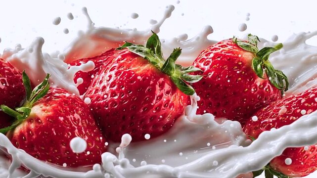 Rote Erdbeeren in frischer Milch, Generative AI