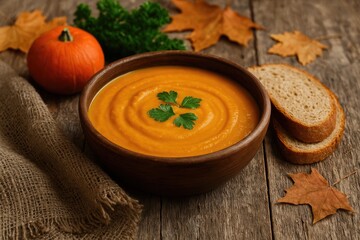 Creamy vegetable soup served in rustic style with selective focus