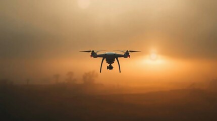 Fototapeta premium Drone flies over farmland at sunrise