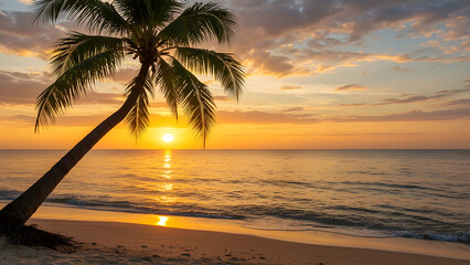 The sun sets perfectly on the horizon, creating a sky filled with warm shades of orange, pink, and gold that gently reflect on the surface of the sea.