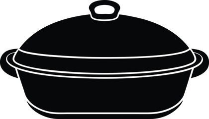 Black and white illustration of a covered oval casserole dish