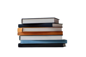 A front side on view of a pile of seven study books, textbooks, on a table isolated against a transparent background