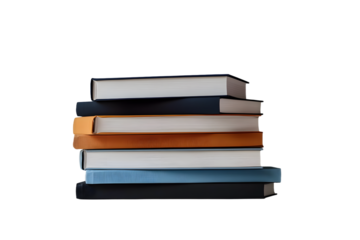 A front side on view of a pile of seven study books, textbooks, on a table isolated against a transparent background