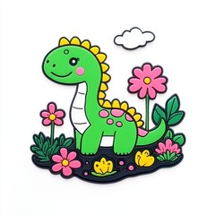 Fototapeta premium Cute Green Dinosaur Character Surrounded by Colorful Flowers in Nature Scene