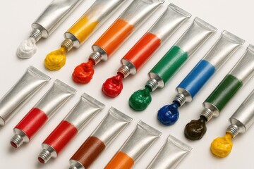 Vibrant paint tubes filled with watercolors or oil paints on a plain white backdrop