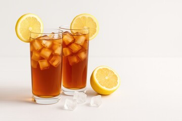 Fototapeta premium Two beverages of tea with ice and lemon, plus a blank area for your meal