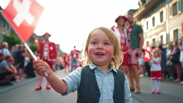 small child excitedly waving mini red flag with white cross while watching parade in picturesque swiss town. joyful expression and festive atmosphere of swiss national day.