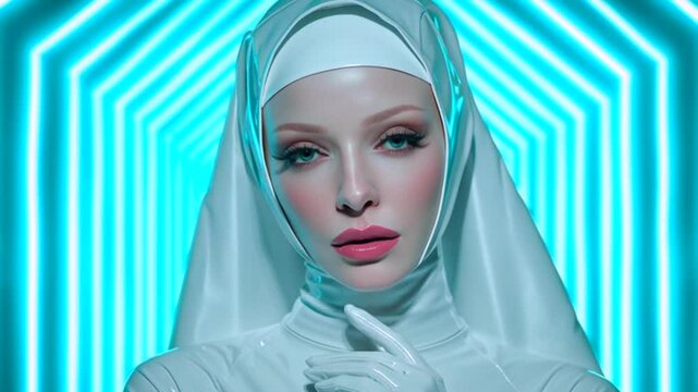 Science-Fiction-Nonne in einem figurbetonten wei&szlig;en Latex Kost&uuml;m. in einer symbolischen Kathedrale mit Neonlicht, Generative AI