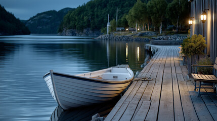 Fototapeta premium Serene white boat at dock with tranquil waters and scenic views.