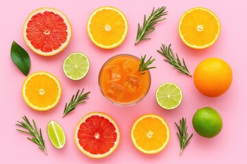 Exotic fruit drink with spirits displayed alongside citrus slices and herbs on a vibrant pink surface from an overhead perspective