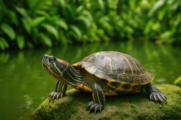 Obraz premium Close-up of a turtle exploring tropical flora