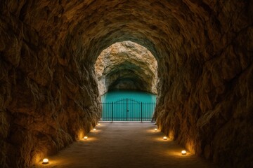 Underground cavern tunnel with glowing floor lamps leading to a sulfuric karst lake, ending at a lattice barrier