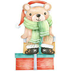 Hand-painted watercolor Christmas themed bear cartoon