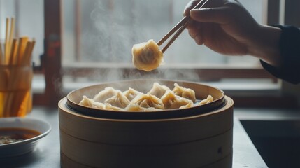 Hot Steaming Dumplings Served in Bamboo Steamer Ready to Eat Deliciously