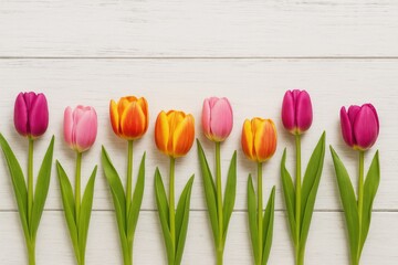 White wooden surface adorned with tulips for a womanâ€™s or motherâ€™s day celebration from a top view