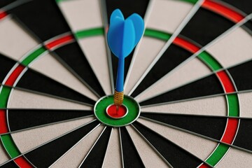 Blue dart striking the bullseye on a dartboard