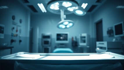 Sterile medical environment with empty surgical tray and dramatic lighting, conveying modern healthcare.