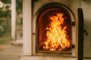 Hazy Funeral Pyre with Flames and Rituals, Cultural and Spiritual Practices