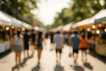 Obraz premium Out of focus scene of individuals strolling through a daytime marketplace under bright sunlight, with a softly blurred background and bokeh effects.