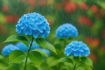 Rain-soaked blue hydrangeas in bloom