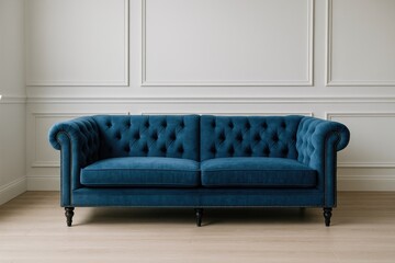Light grey room featuring a blue sofa with American design elements