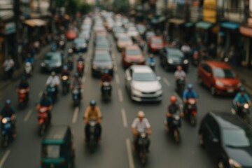 Obraz premium Obscured high-altitude perspective of vehicles on a roadway