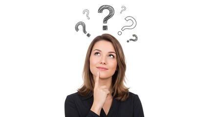 Thoughtful young woman pondering questions, hand on chin, against a white background.