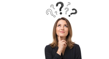 Thoughtful young woman pondering questions, hand to chin, against a white background.