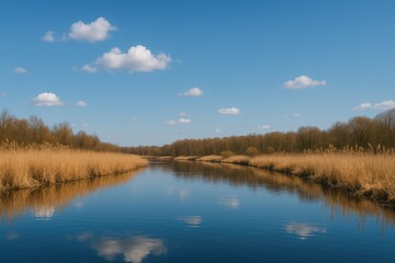 Clear sky shimmering above tranquil water surrounded by dry vegetation