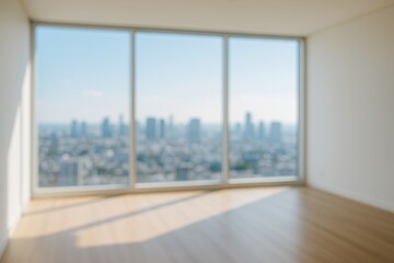 Fototapeta premium Wide-Angle View of a Contemporary Interior with Big Windows and a Stunning Skyline Scene, Blurred Backdrop